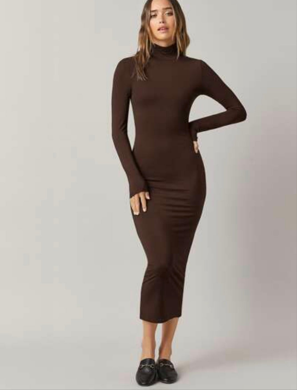 Womens long sleeve turtle neck bodycon midi dress in brown