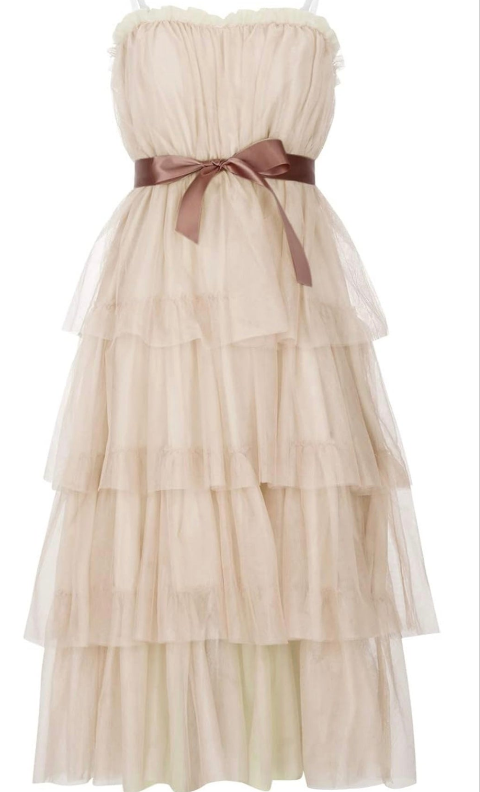 Womens beige tulle tutu strapless midi dress