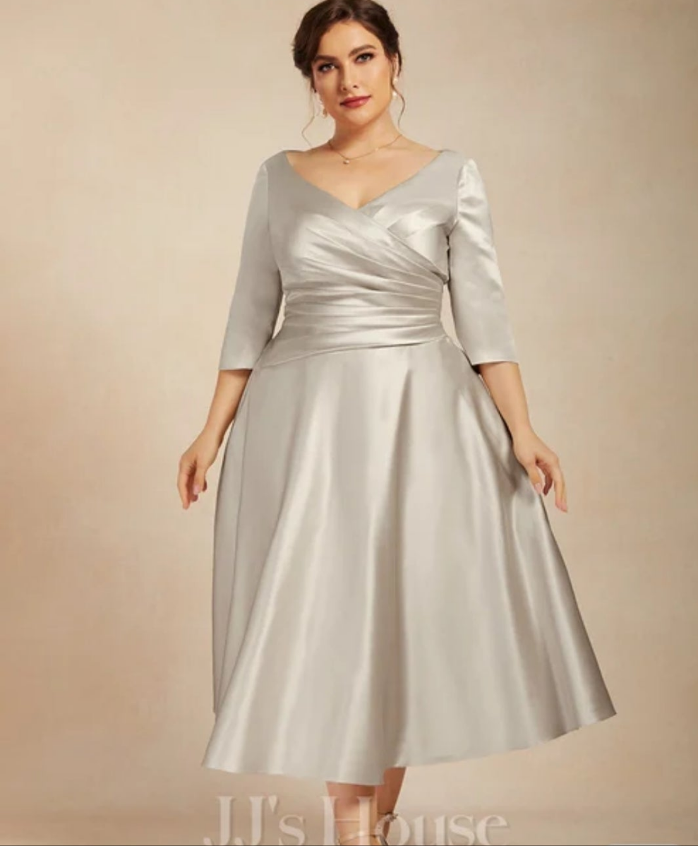 JJ House A-line V-Neck Tea-Length Satin Mother of the Bride Dress With Pleated #225549