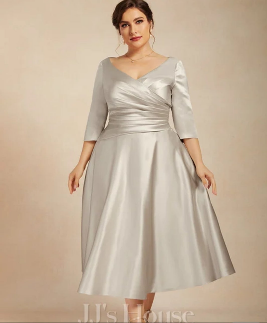 JJ House A-line V-Neck Tea-Length Satin Mother of the Bride Dress With Pleated #225549