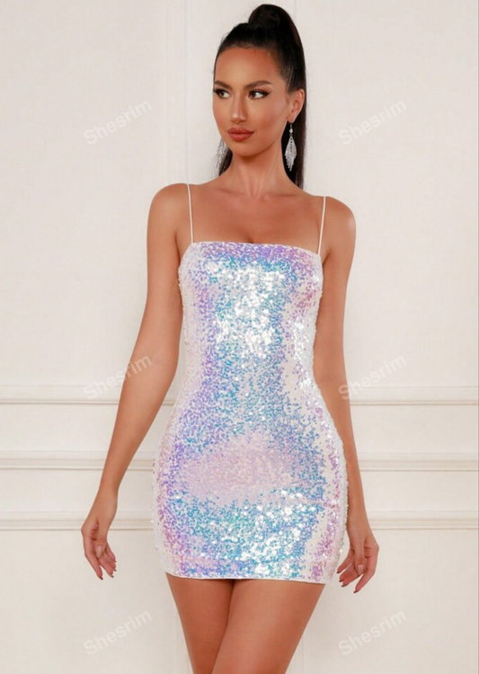 Womens white sparkly sequin mini dress