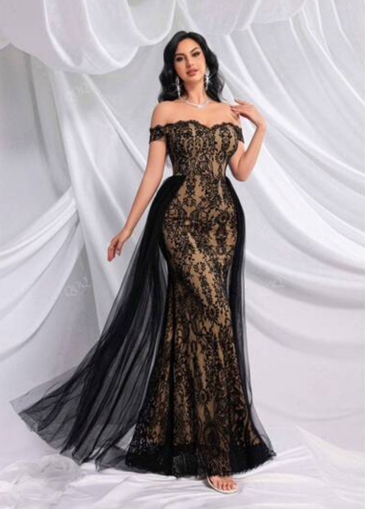 Womens cream and black long elegant lace evening dress