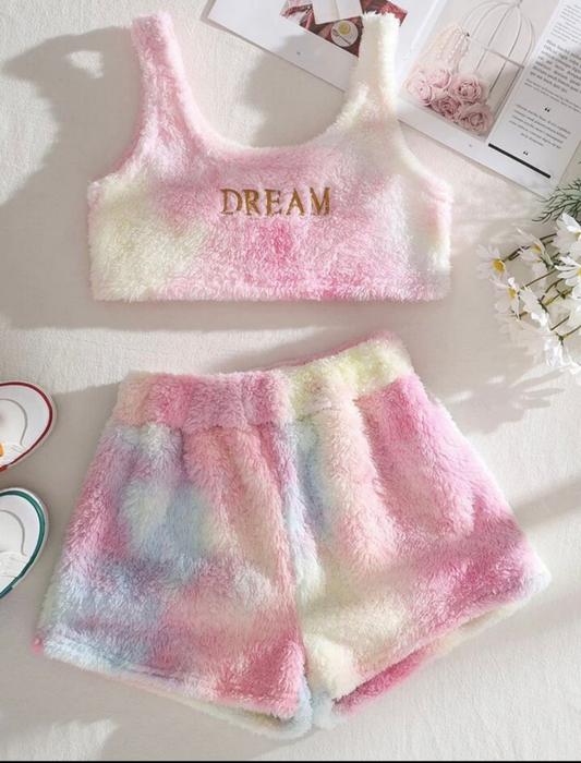 Womens rainbow plush shorts pajama lounge set