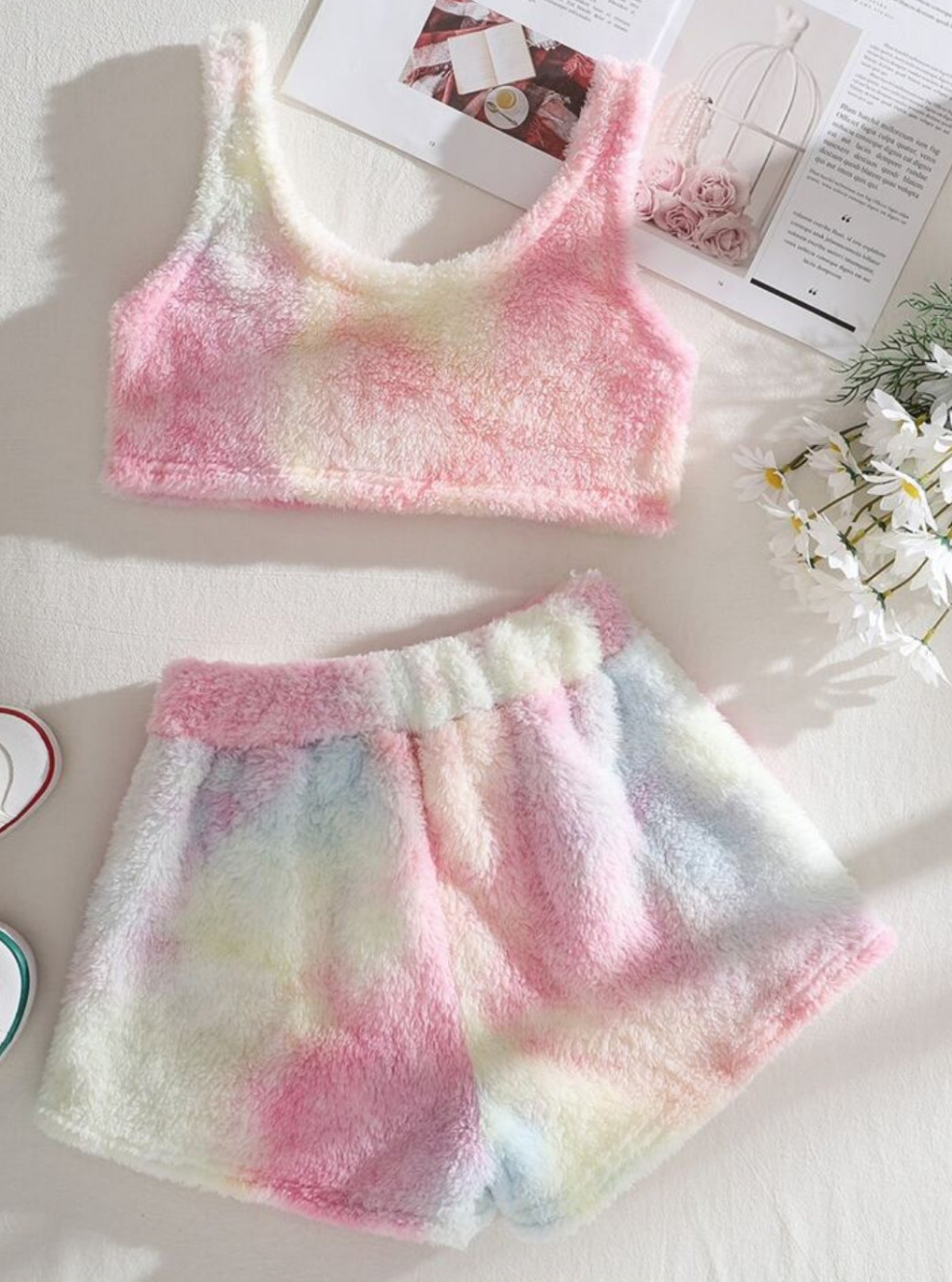 Womens rainbow plush shorts pajama lounge set