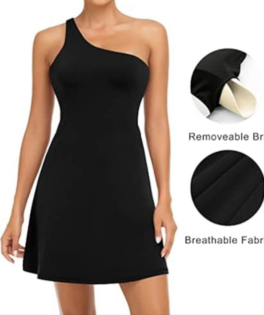 Womens black one shoulder athletic dress with built in shorts
