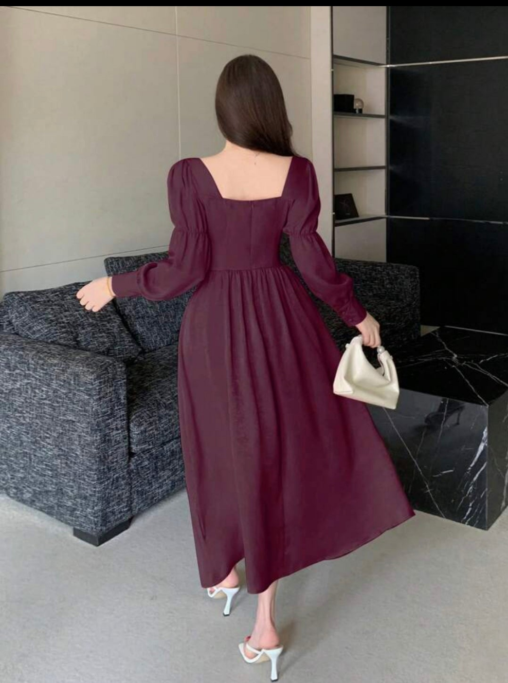DAZY Women's Solid Color Square Neck Lotus Sleeve Dress With Cinching Waist