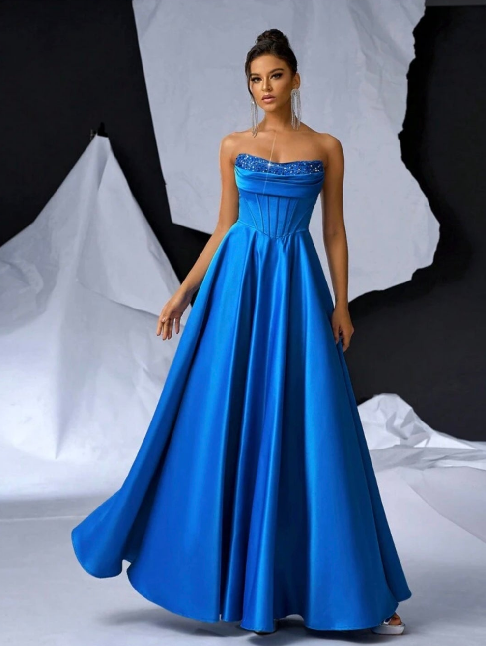 Womens long blue corset prom elegant formal dress with sequin