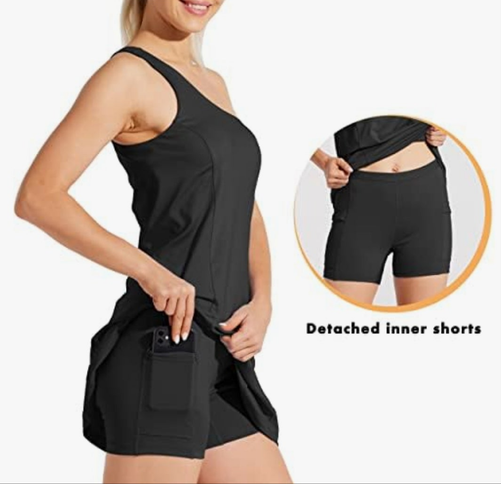 Womens black one shoulder athletic dress with built in shorts