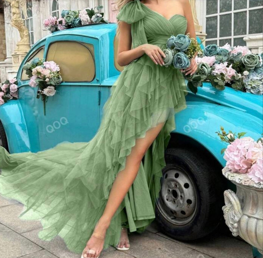 Womens one shoulder formal green tulle long dress
