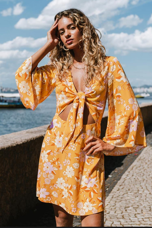 Cupshe floral yellow cutout front tie summer vacation dress