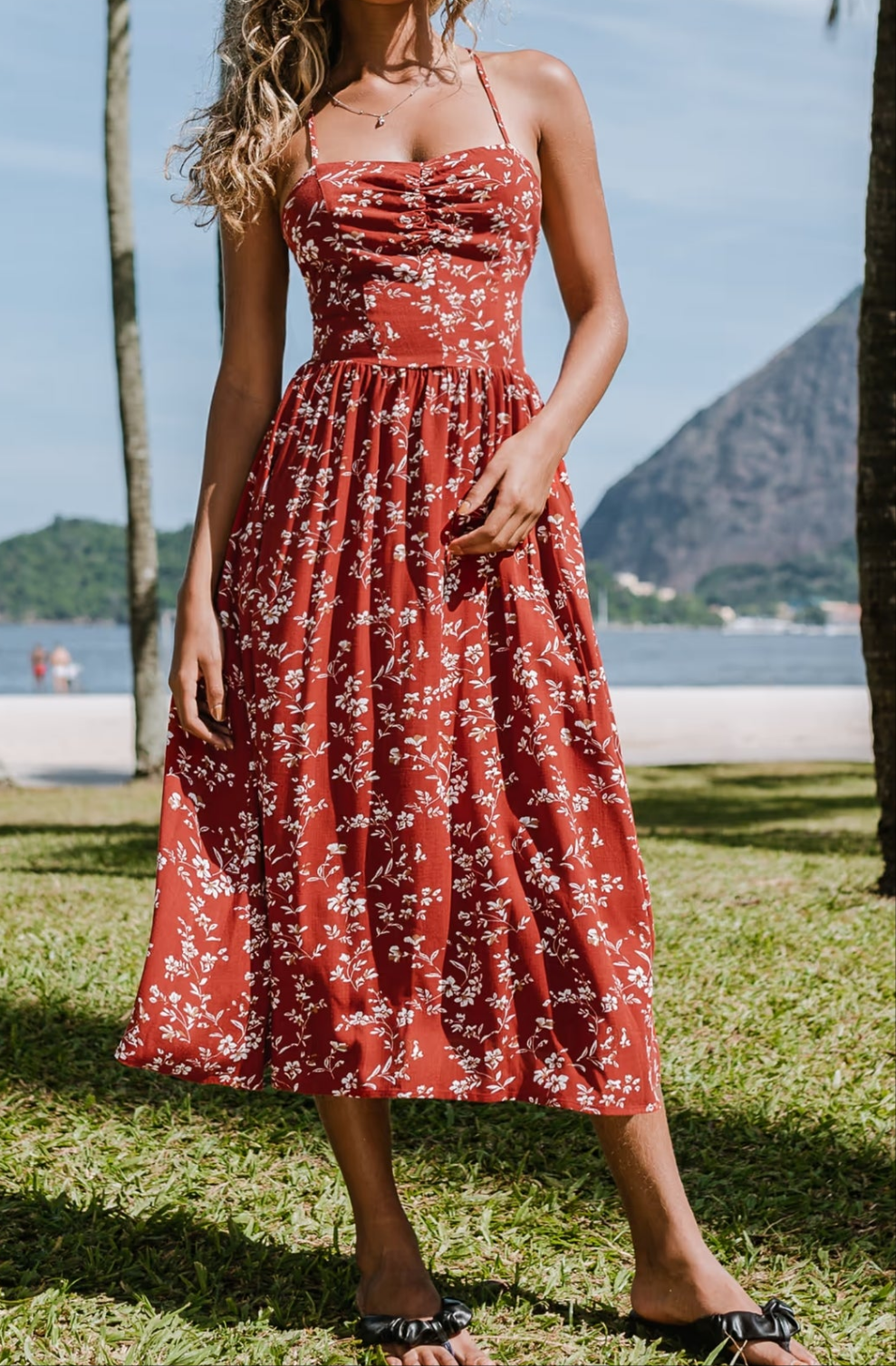 CUPSHE Bryana red ditsy floral lace up slip summer dress