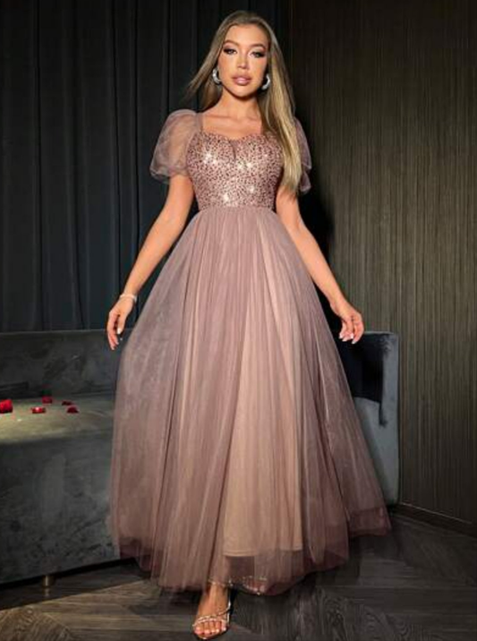 Womens sparkly panel mesh puff sleeve long midi formal dress