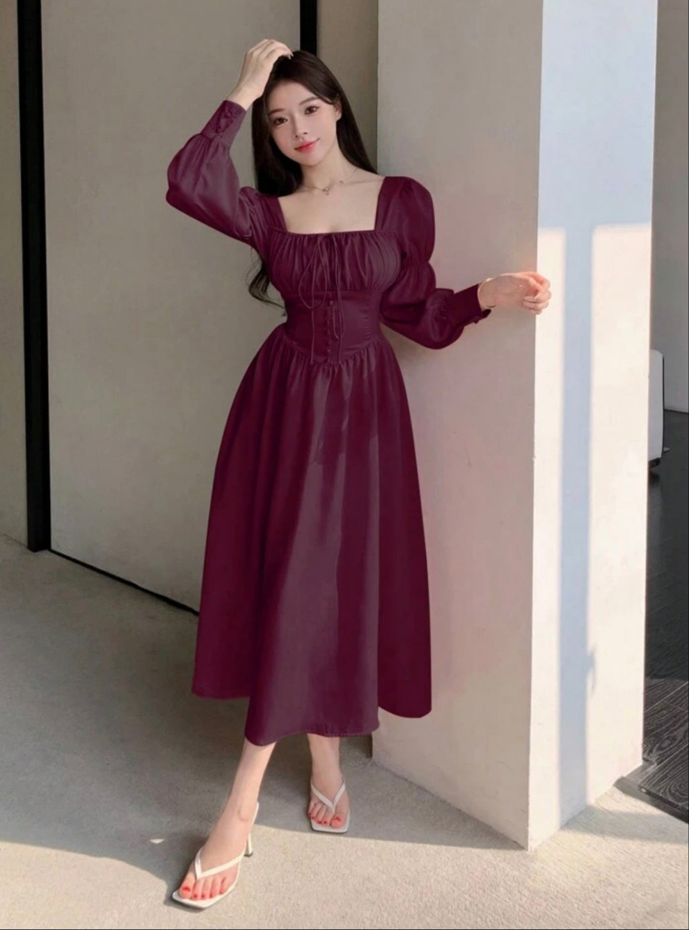 DAZY Women's Solid Color Square Neck Lotus Sleeve Dress With Cinching Waist