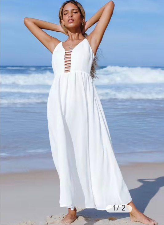 CUPSHE Hannah ladder cutout white long slip summer dress