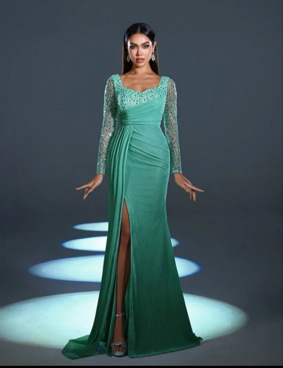 Womens long sleeve green velvet sequin sparkly long dress