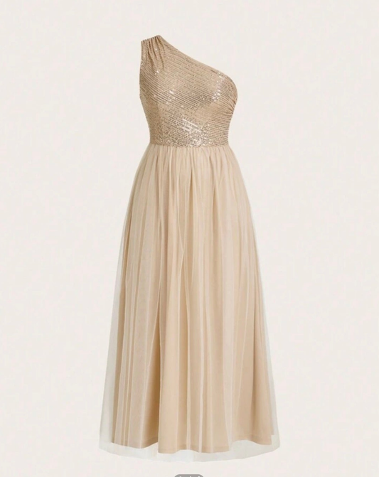 Womens gold sequin one shoulder tulle formal evening dress
