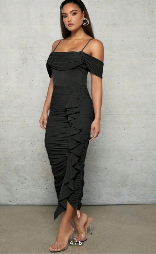 Womens black elegant ruched offshoulder shoulder midi dress