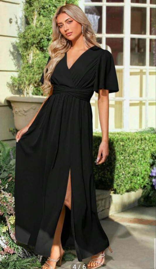 Womens black high slit belted midi evening dress