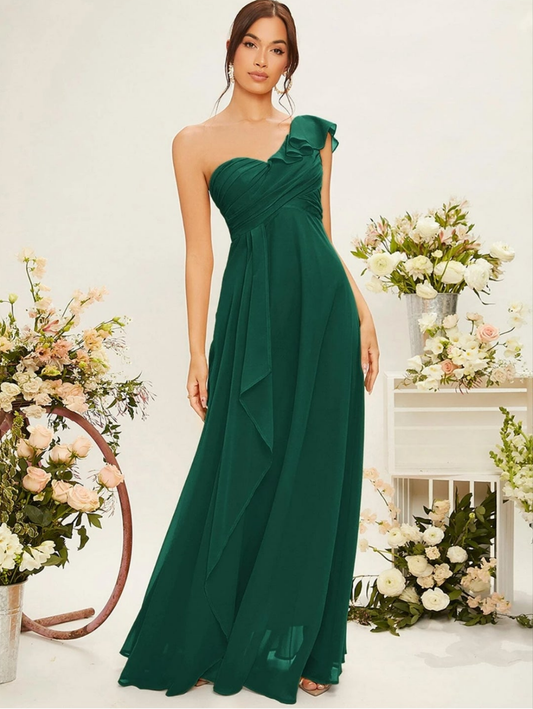 Womens green one shoulder chiffon bridesmaid dress