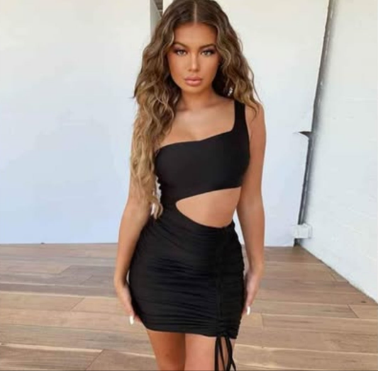 Black drawstring cutout mini sexy dress