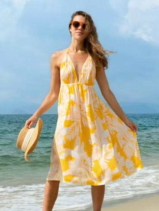CUPSHE yellow floral halter vacation summer dress