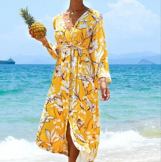 CUPSHE Naomi long sleeve yellow floral summer midi vacation dress