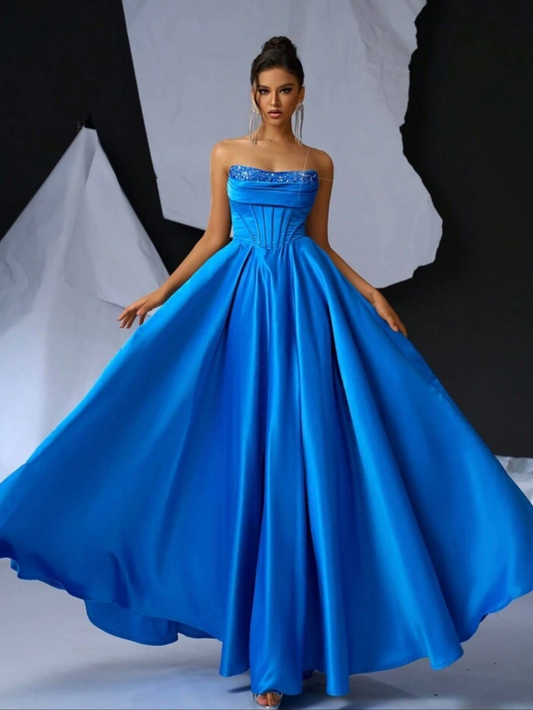 Womens long blue corset prom elegant formal dress with sequin