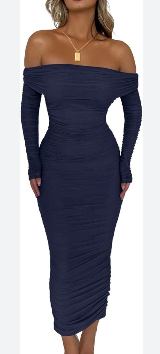 Pretty garden sexy navy long sleeve ruched midi dress
