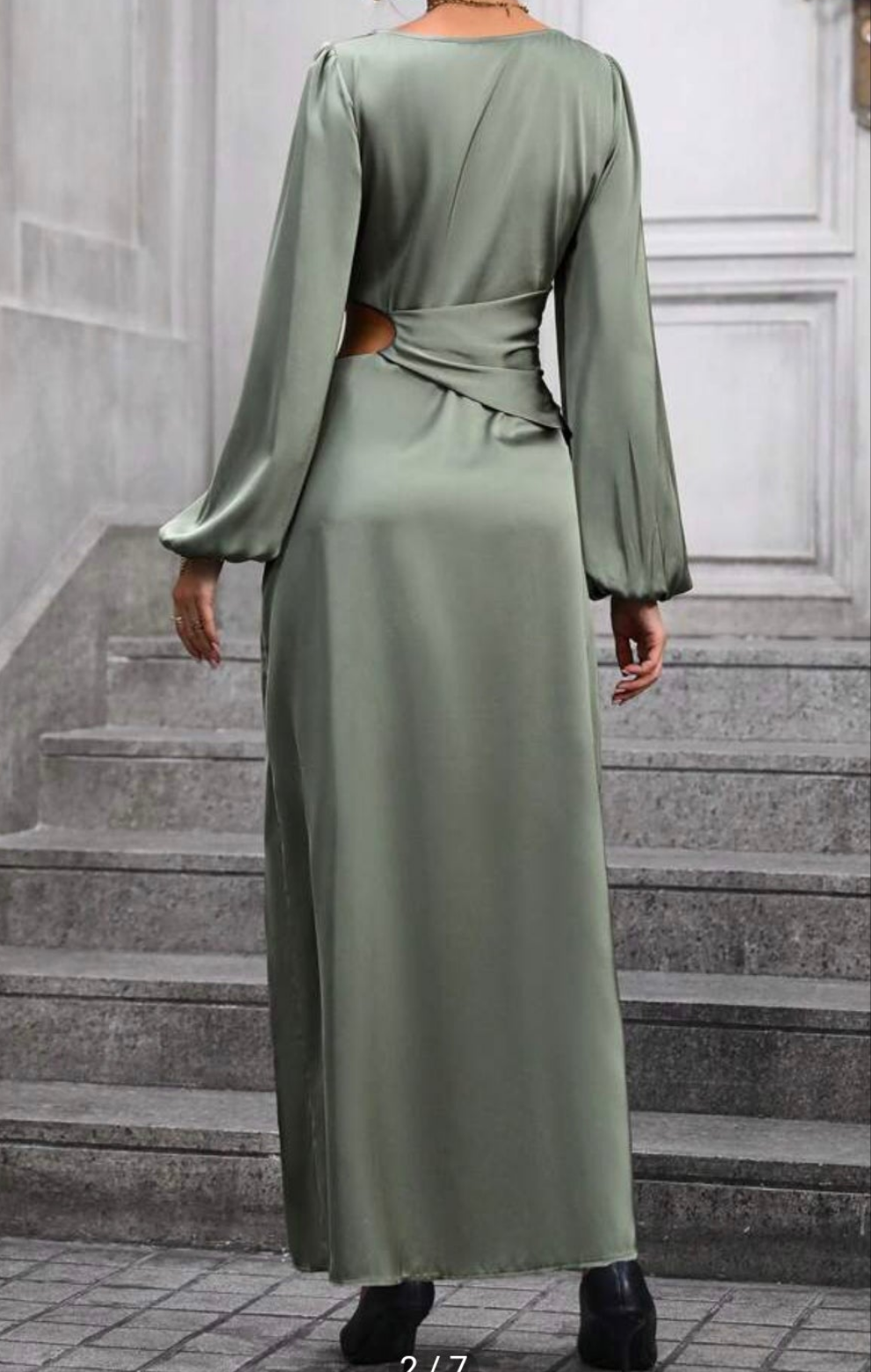 Womens green satin long sleeve classy evening dress with cutout