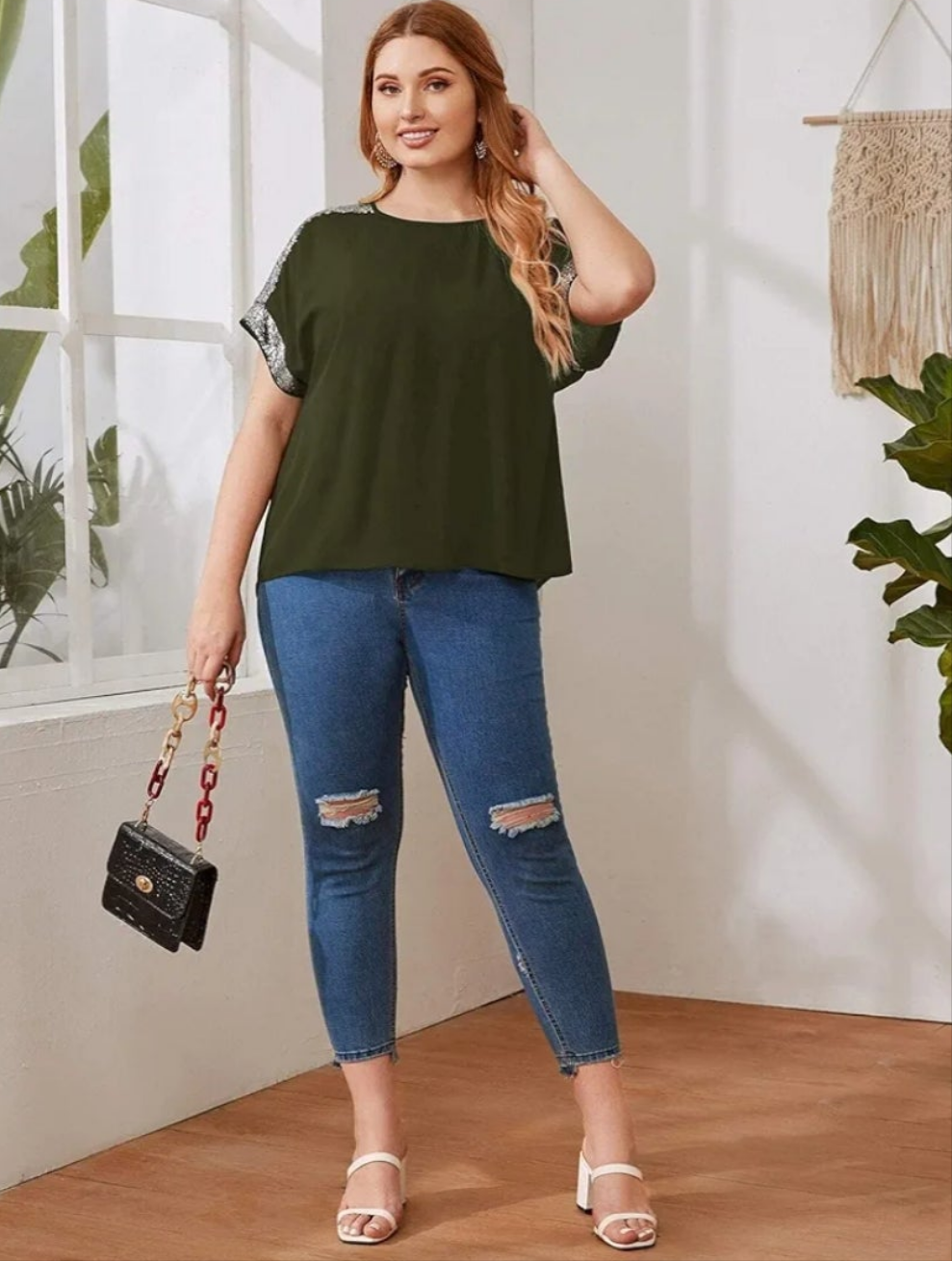 Womens olive green blouse with sequence shoulder design