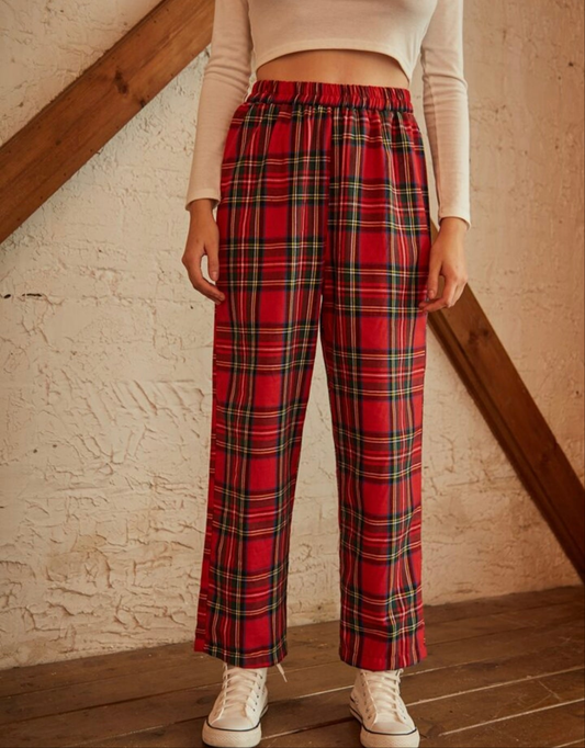 Womens red plaid tartan print pants