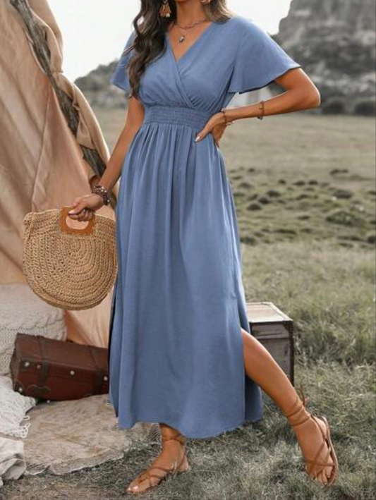 Womens v-neck blue midi summer dress