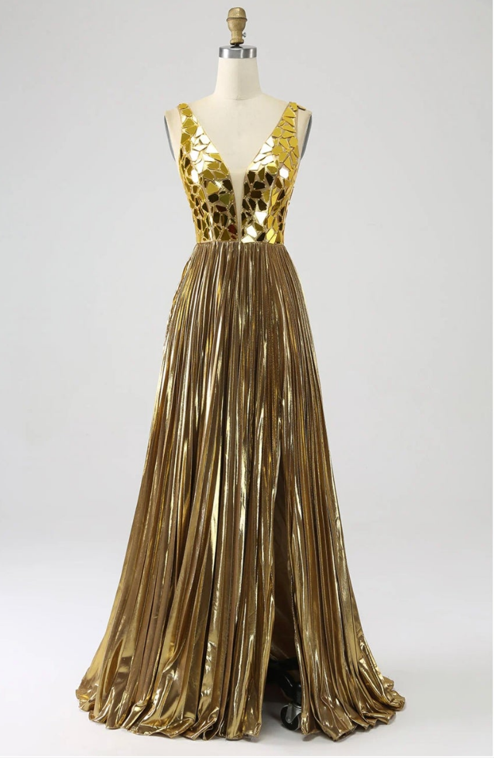Womens elegant gold mirrored ball gown dress