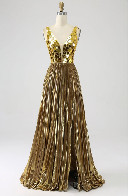 Womens elegant gold mirrored ball gown dress