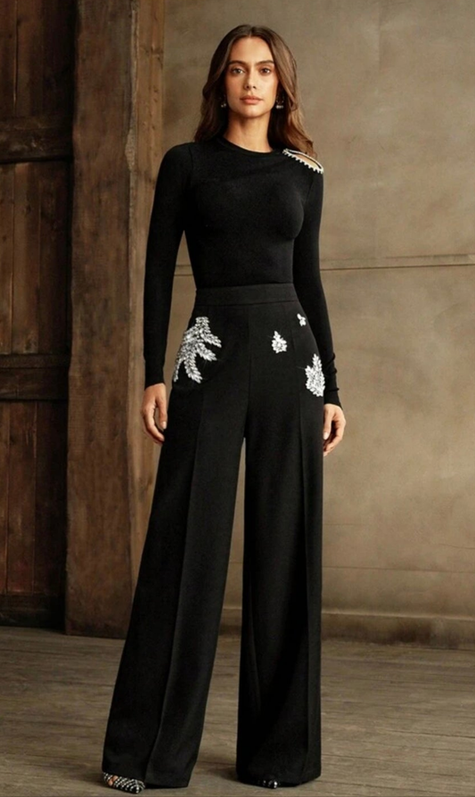 Womens high waisted rhinestone wide leg elegant pants