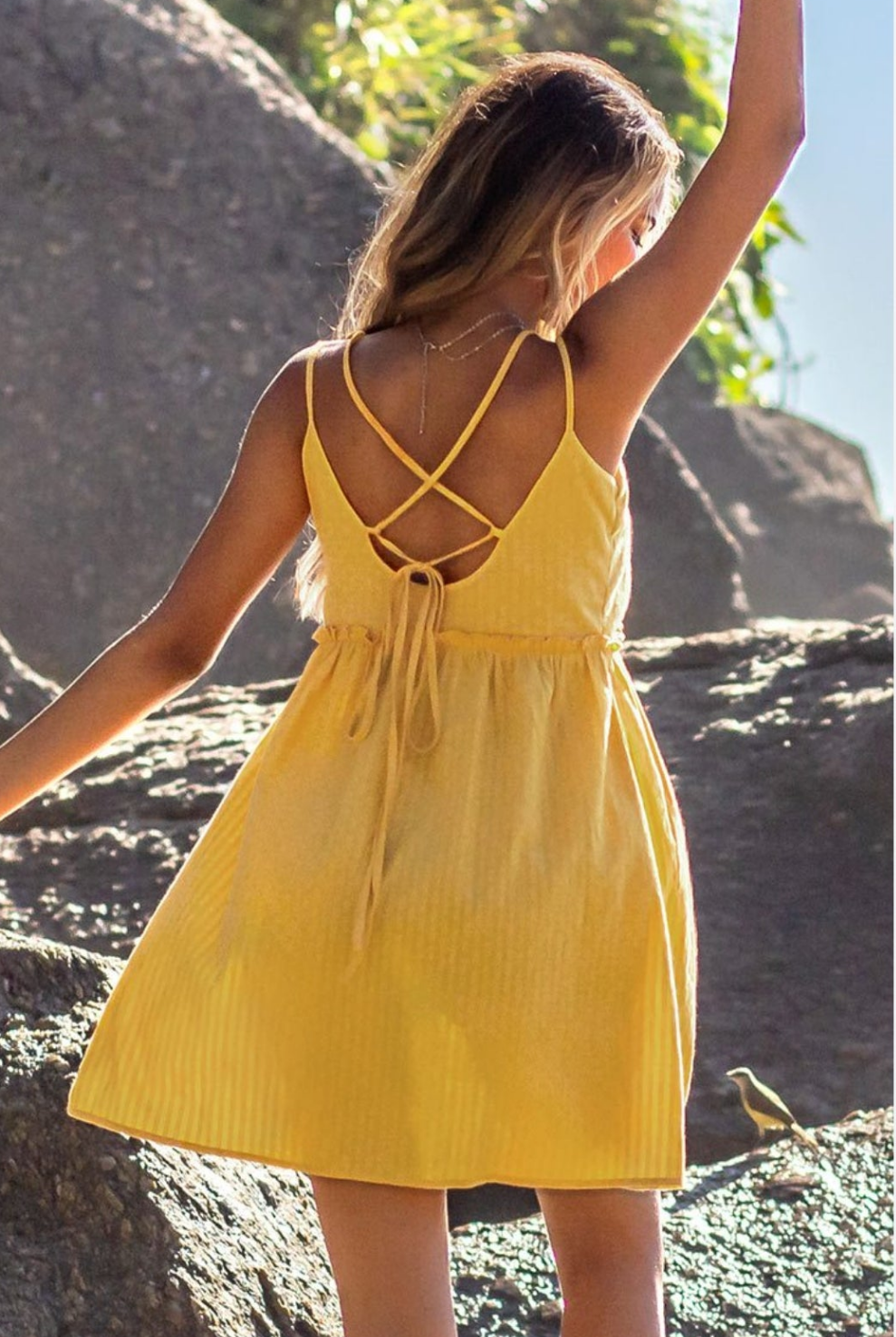 CUPSHE yellow lace up mini summer vacation dress