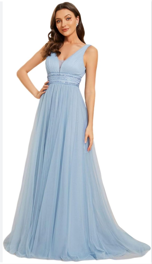 Womens baby blue long sleeveless formal evening dress