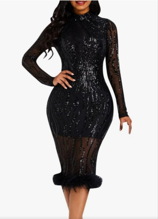 Womens elegant sequin long sleeve cocktail dress