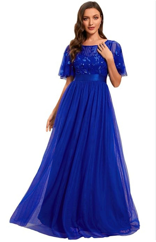 Womens blue embroidered sequin formal evening dress