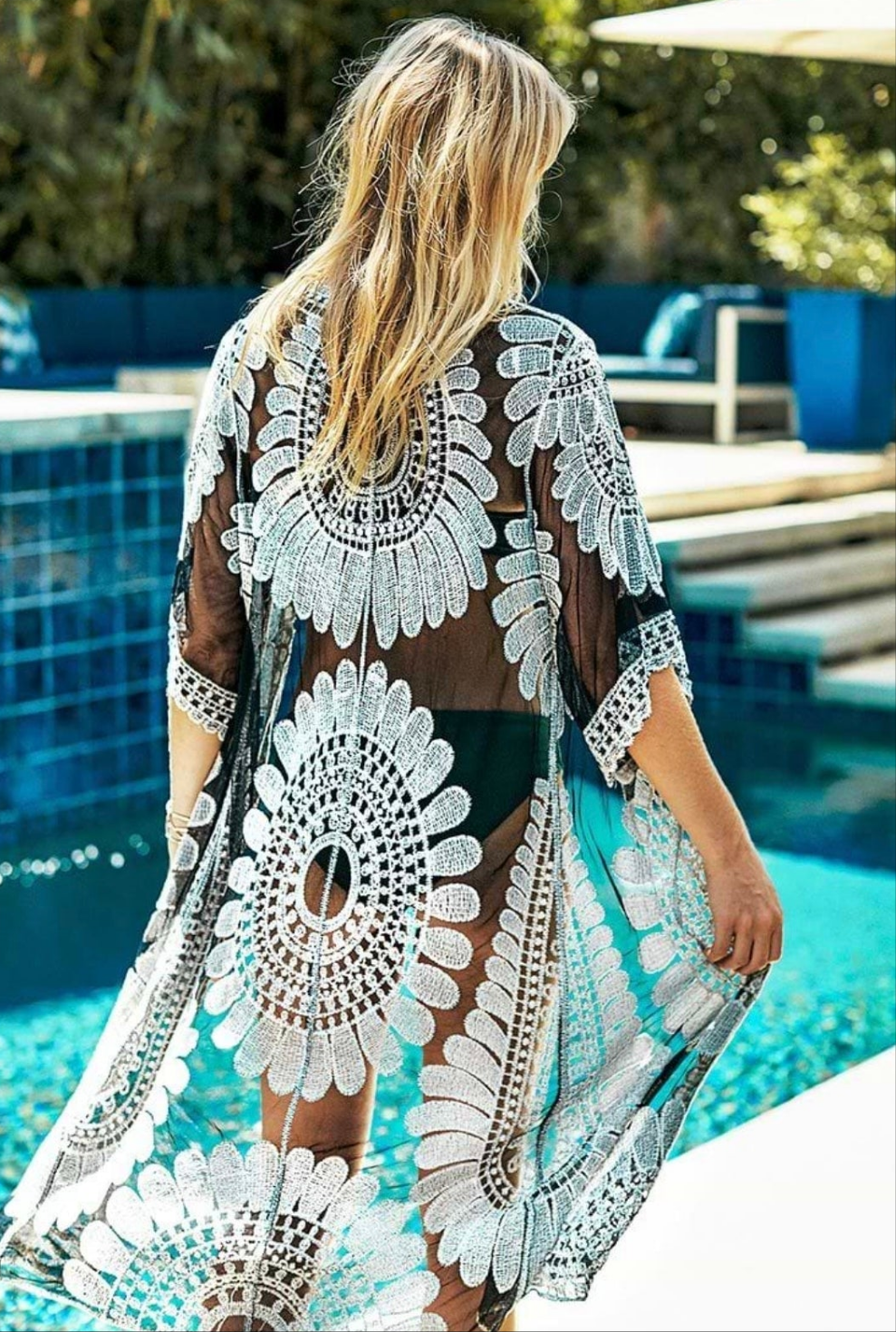 Cupshe black sunflower crochet beach kimono cover up