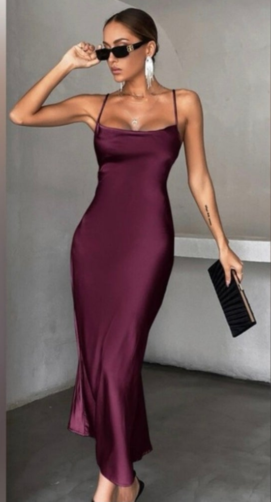 Womens satin cutout back formal dress in plum purple