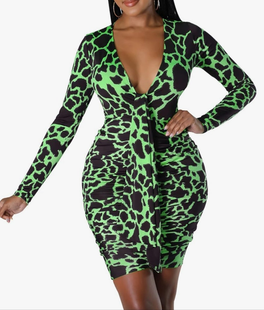 Womens green leopard sexy bodycon long sleeve dress