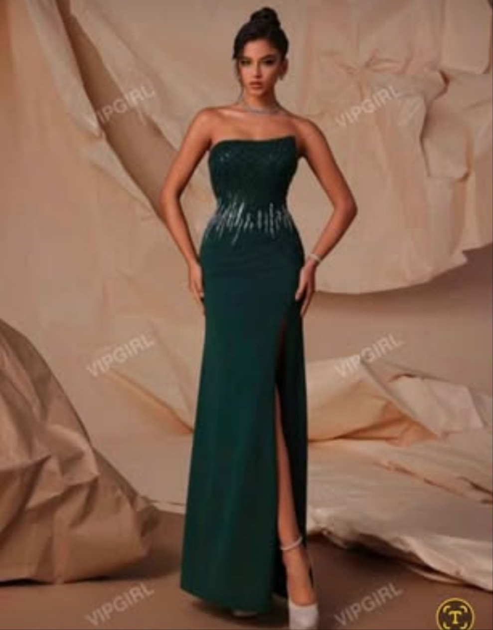 Womens elegant green high slit rhinestone formal evening dress