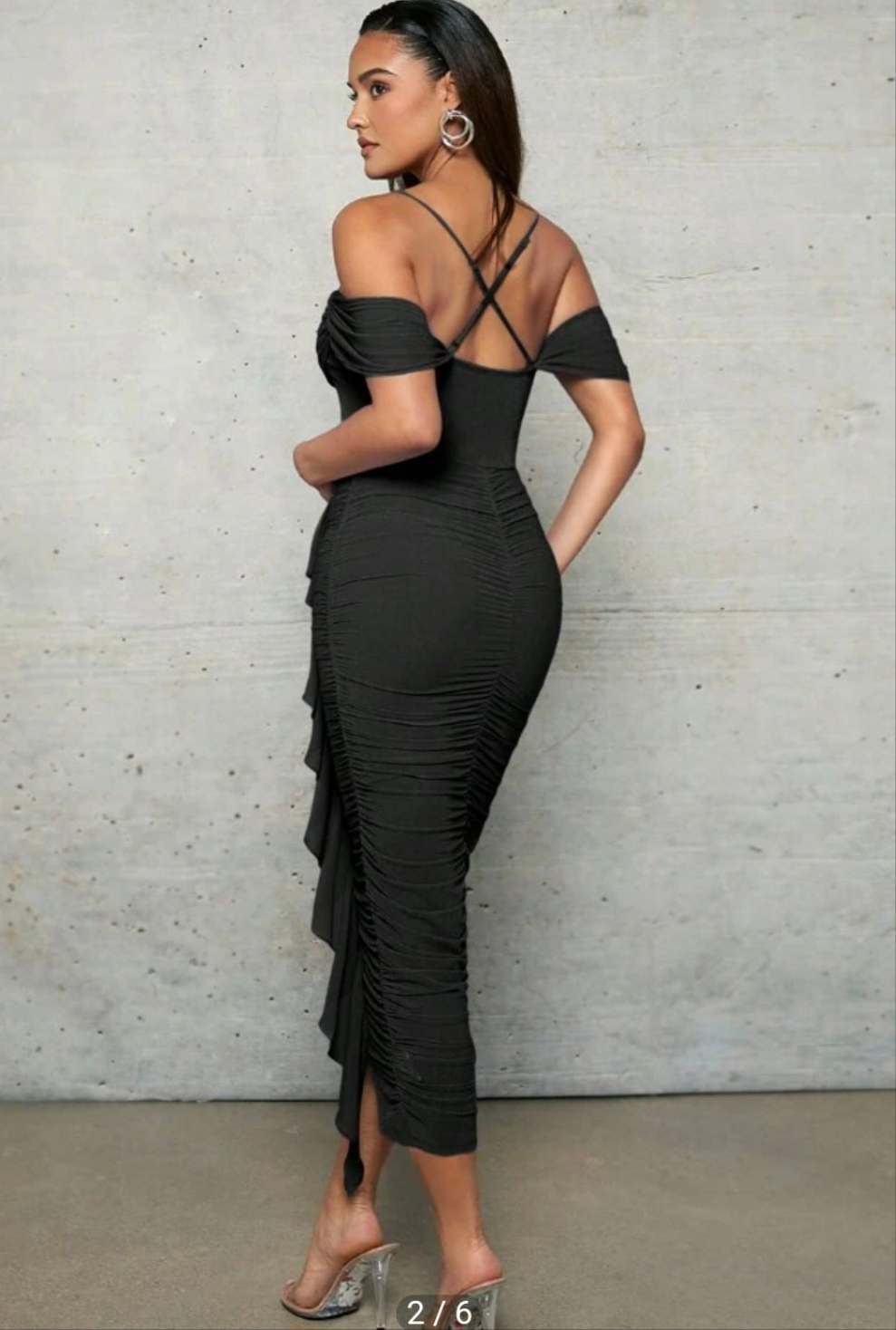 Womens black elegant ruched offshoulder shoulder midi dress