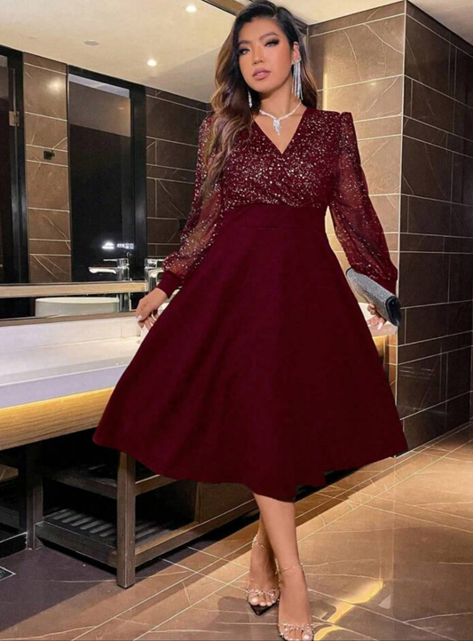Womens burgendy long sheer sleeve sparkly cocktail holiday dress