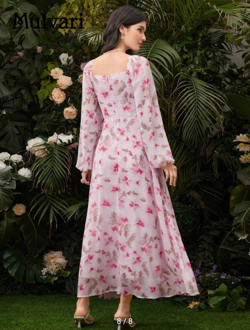 Womens pink floral sweetheart neckline midi long sleeve summer dress
