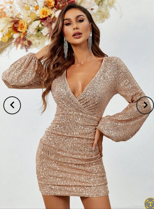 Fariesty gold sequin short party dress with lantern sleeves