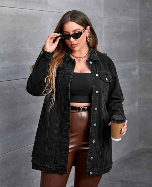 Plus size black long denim jean jacket