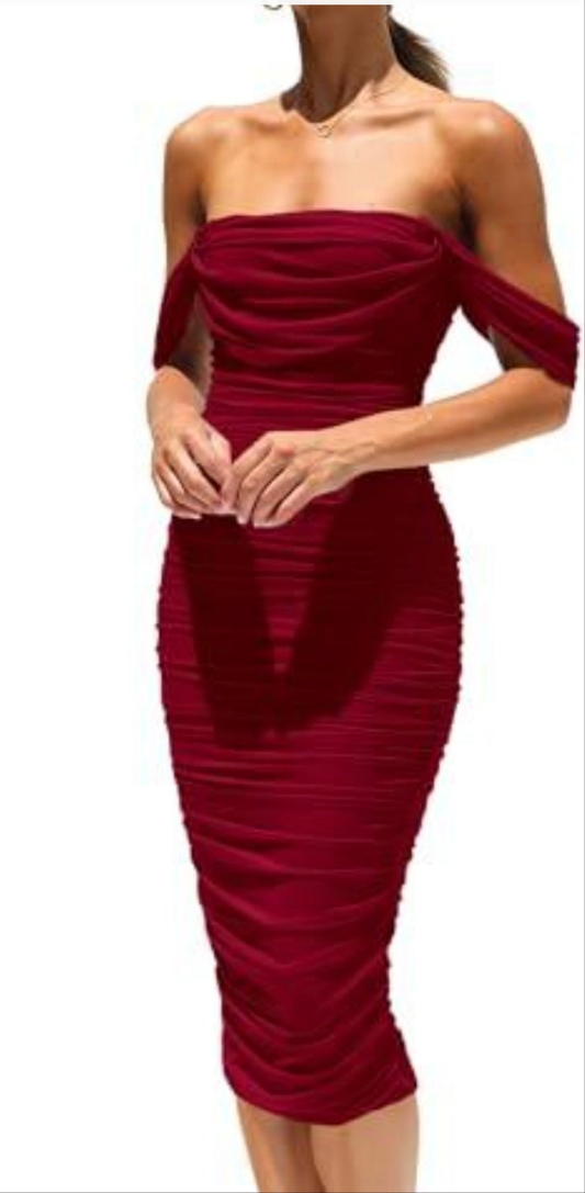 Prettygarden red ruched mesh offshoulder midi cocktail dress