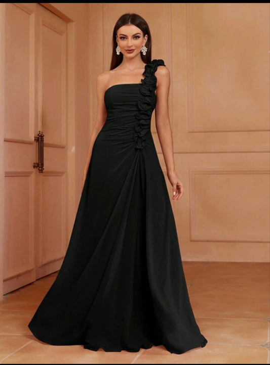 Womens long black one shoulder exaggerated sleeve formal dress
